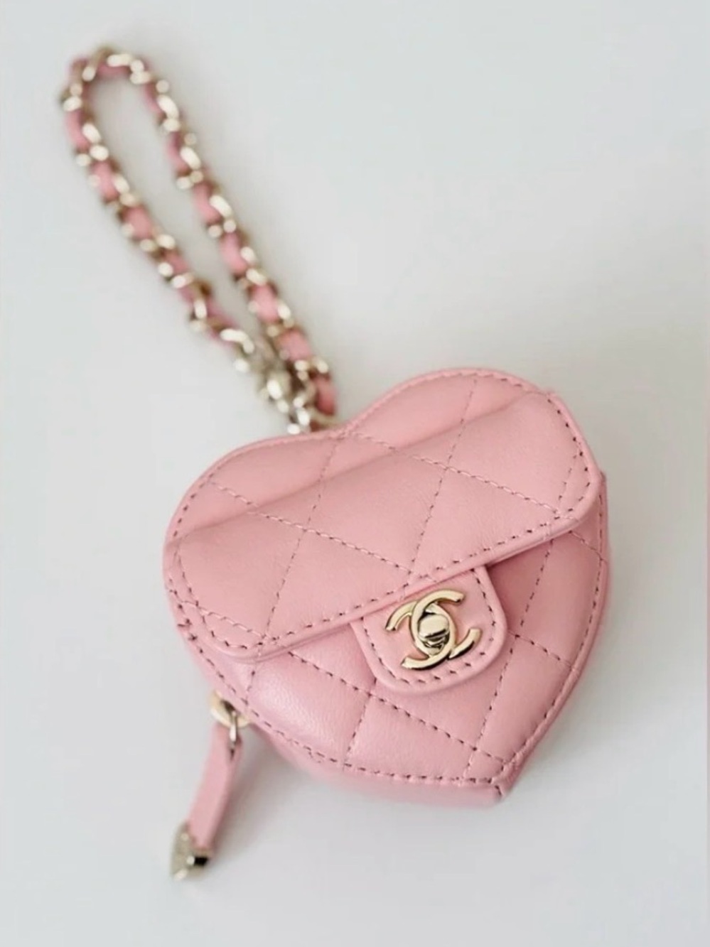 New Chanel Pink Heart-Shaped Quilted Lambskin Mini Bag Charm